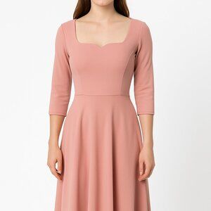 Classic Dusty Pink Sweetheart Neck Midi Dress 3/4 Sleeve Fit & Flare Size XS VTG